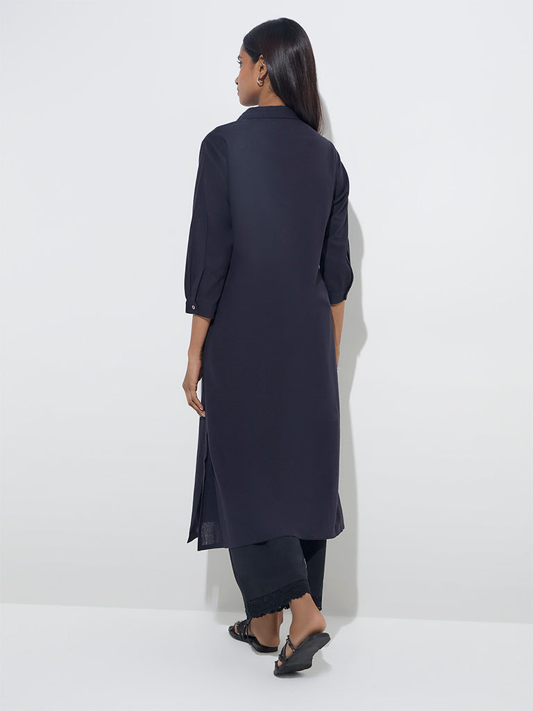 Utsa Black Floral Embroidered A-Line Cotton-Blend Kurta - Image 4