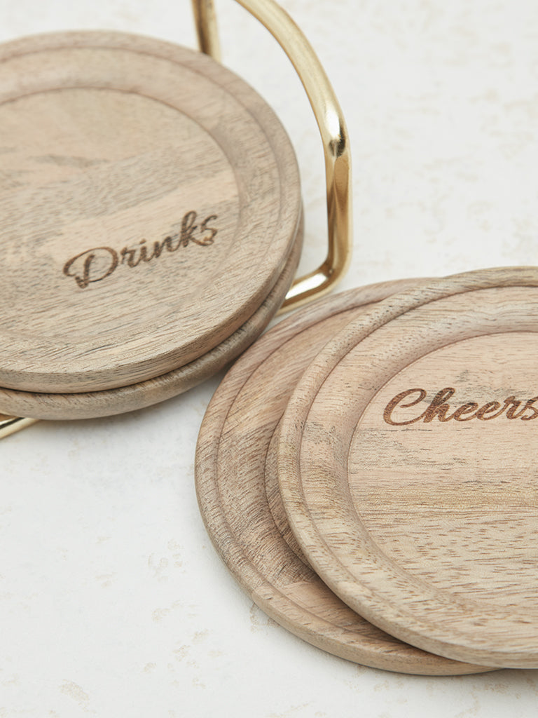 Westside Home Brown Text Design Coasters with Holder (Set of 4) - Image 3