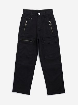 Y&F Kids Black Cargo-Style Mid-Rise Cotton-Blend Trousers