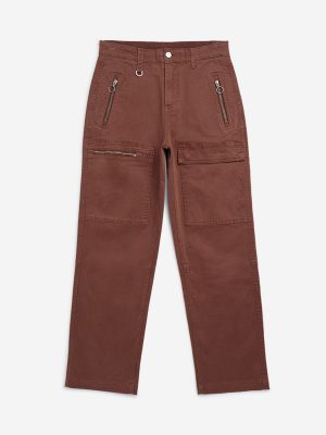 Y&F Kids Brown Cargo-Style Mid-Rise Cotton-Blend Trousers