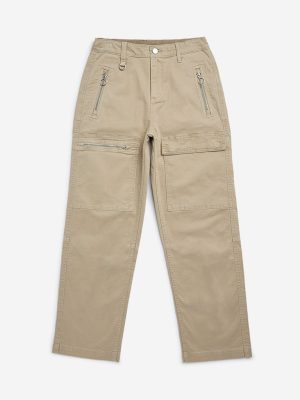 Y&F Kids Beige Cargo-Style Mid-Rise Cotton-Blend Trousers