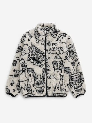 Y&F Kids Off-White Text Design Fleece Jacket