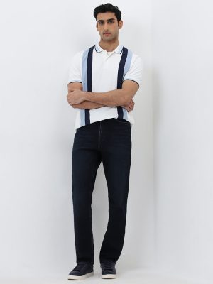 WES Casuals Dark Blue Wash Relaxed-Fit Mid-Rise Jeans