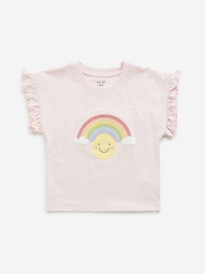 HOP Kids Light Pink Rainbow Embellished Cotton T-Shirt
