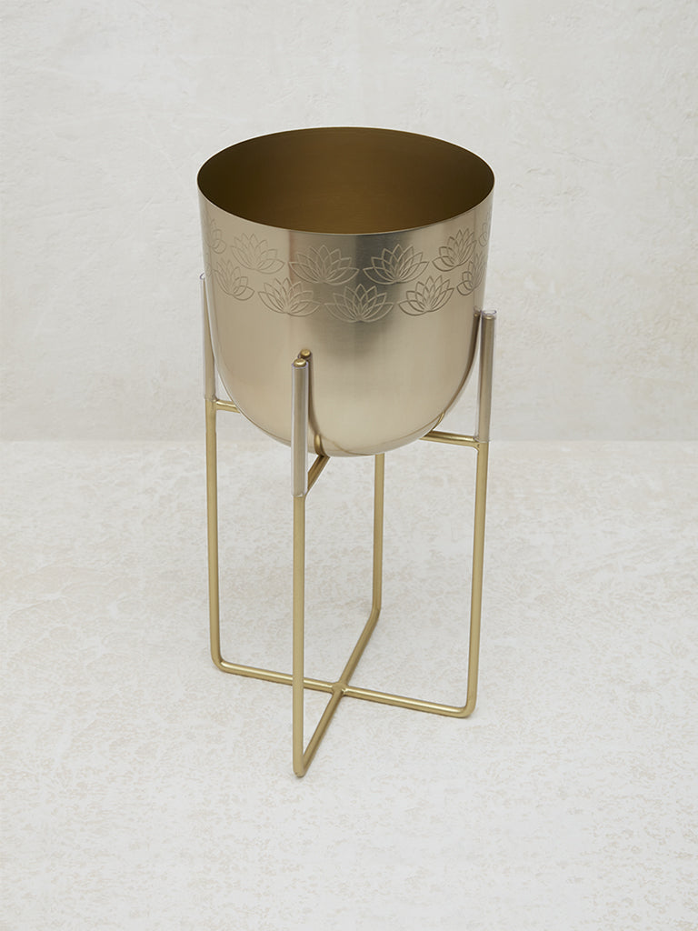 Westside Home Gold Lotus Etched Planter with Stand - Image 3