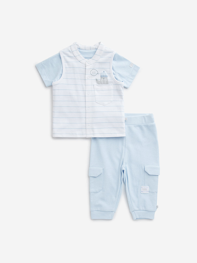 HOP Baby Light Blue Cotton T-Shirt. Waistcoat and Pants Set