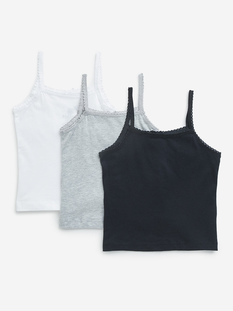 HOP Kids Solid Multicolour Cotton Camisoles - Pack of 3 - Image 2