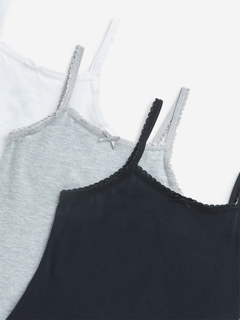 HOP Kids Solid Multicolour Cotton Camisoles - Pack of 3 - Image 3