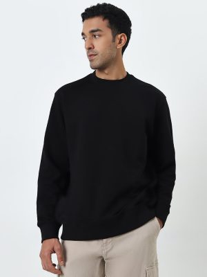 WES Casuals Black Solid Relaxed-Fit Cotton-Blend Sweatshirt