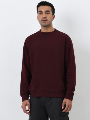 WES Casuals Burgundy Relaxed Fit Cotton-Blend Sweatshirt