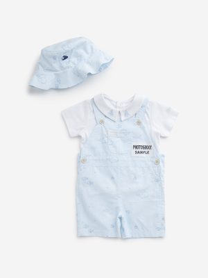 HOP Baby Light Blue Dungaree. Cotton T-Shirt and Hat Set