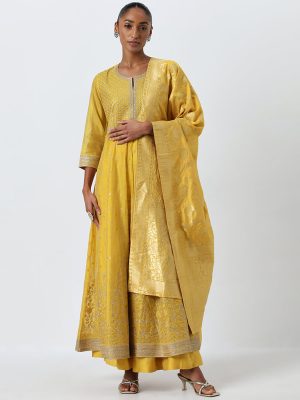 Vark Mustard Embroidered Kurta. Skirt and Dupatta Set