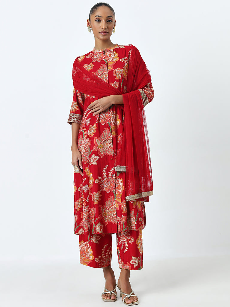 Vark Red Floral A-Line Kurta. Palazzos and Dupatta Set