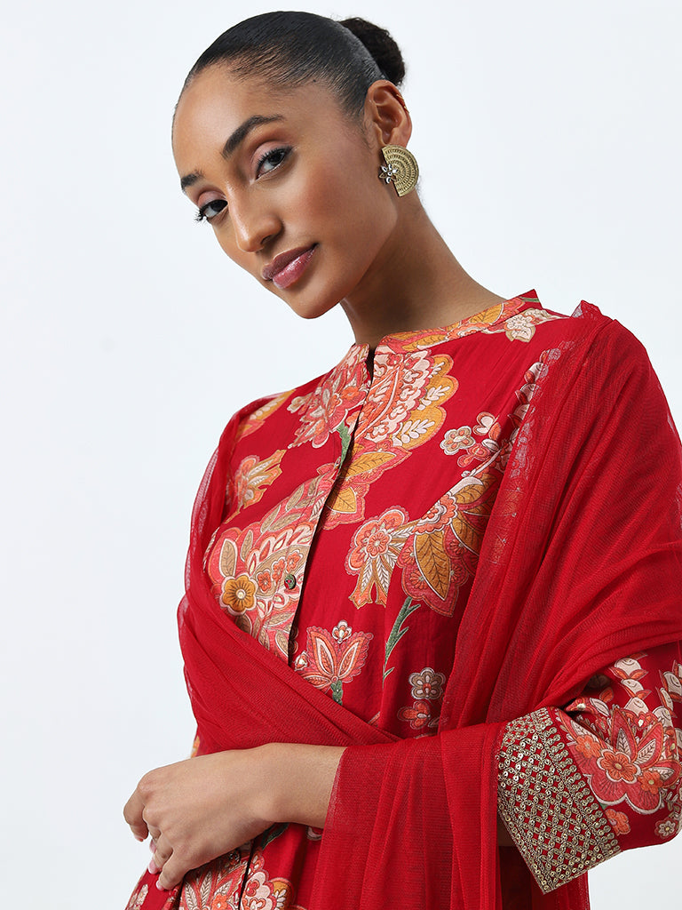 Vark Red Floral A-Line Kurta. Palazzos and Dupatta Set - Image 3