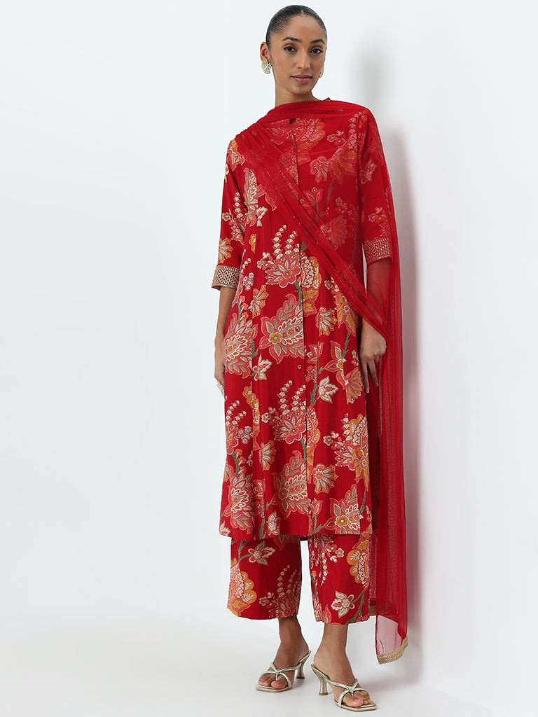 Vark Red Floral A-Line Kurta. Palazzos and Dupatta Set - Image 4