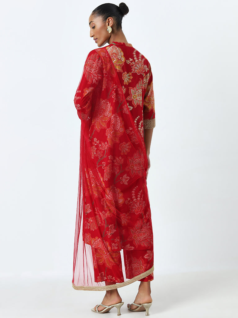 Vark Red Floral A-Line Kurta. Palazzos and Dupatta Set - Image 5