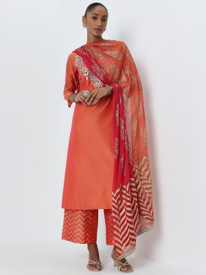 Vark Coral Floral Embellished Kurta. Pants And Dupatta Set