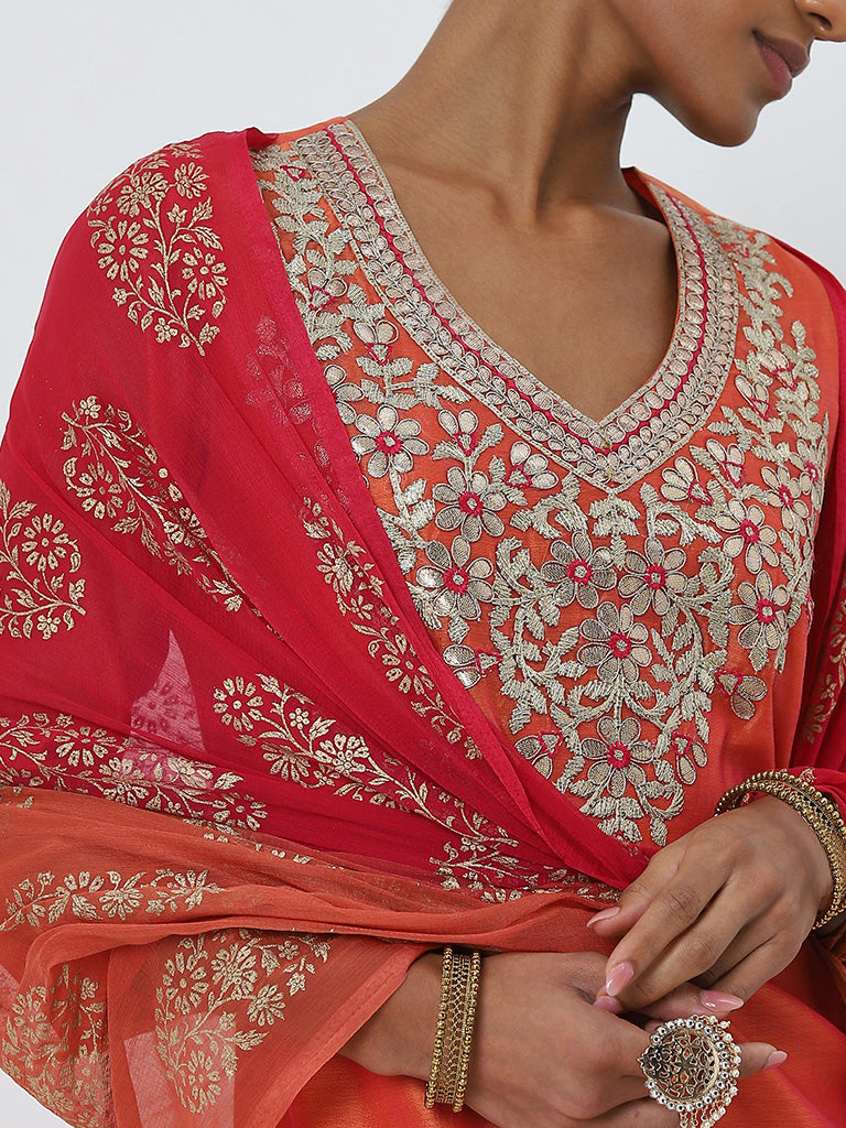 Vark Coral Floral Embellished Kurta. Pants And Dupatta Set - Image 2