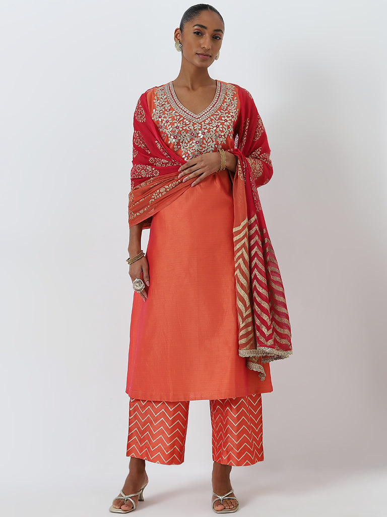 Vark Coral Floral Embellished Kurta. Pants And Dupatta Set - Image 3