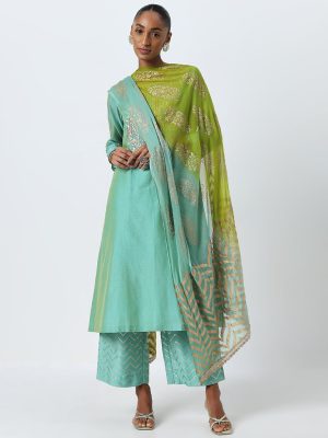 Vark Turquoise Embellished Kurta. Pants And Dupatta Set