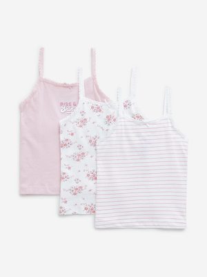 HOP Kids Pink Printed Cotton Camisoles - Pack of 3