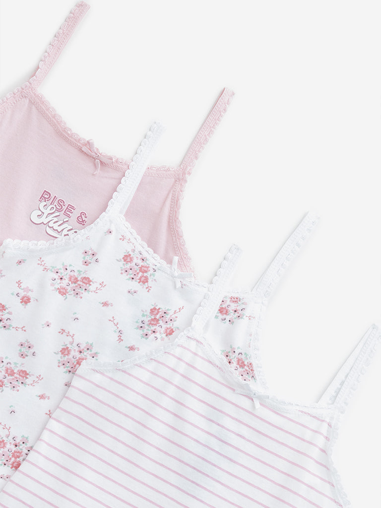 HOP Kids Pink Printed Cotton Camisoles - Pack of 3 - Image 3