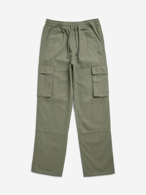 Y&F Kids Olive Cargo-Style Mid-Rise Cotton Trousers