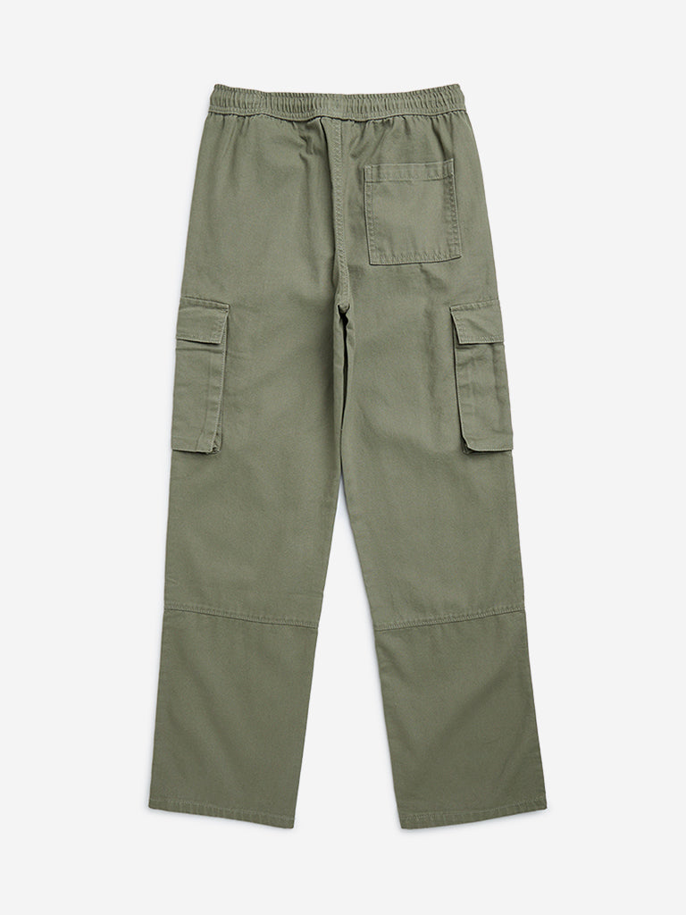 Y&F Kids Olive Cargo-Style Mid-Rise Cotton Trousers - Image 3
