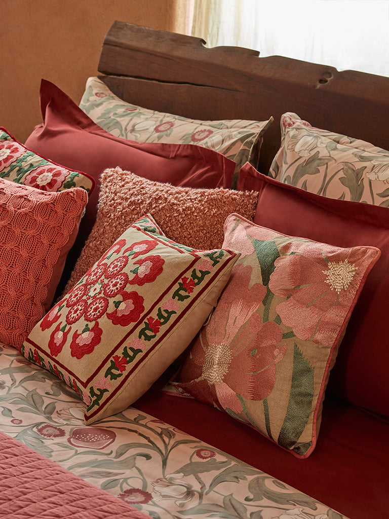 Westside Home Red Sujani Floral Embroidered Cushion Cover - Image 4