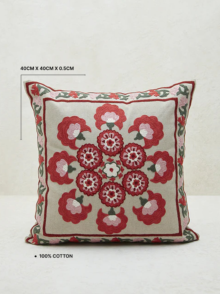 Westside Home Red Sujani Floral Embroidered Cushion Cover - Image 5