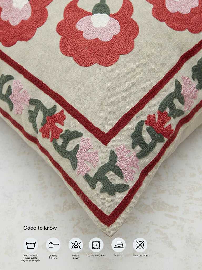 Westside Home Red Sujani Floral Embroidered Cushion Cover - Image 6