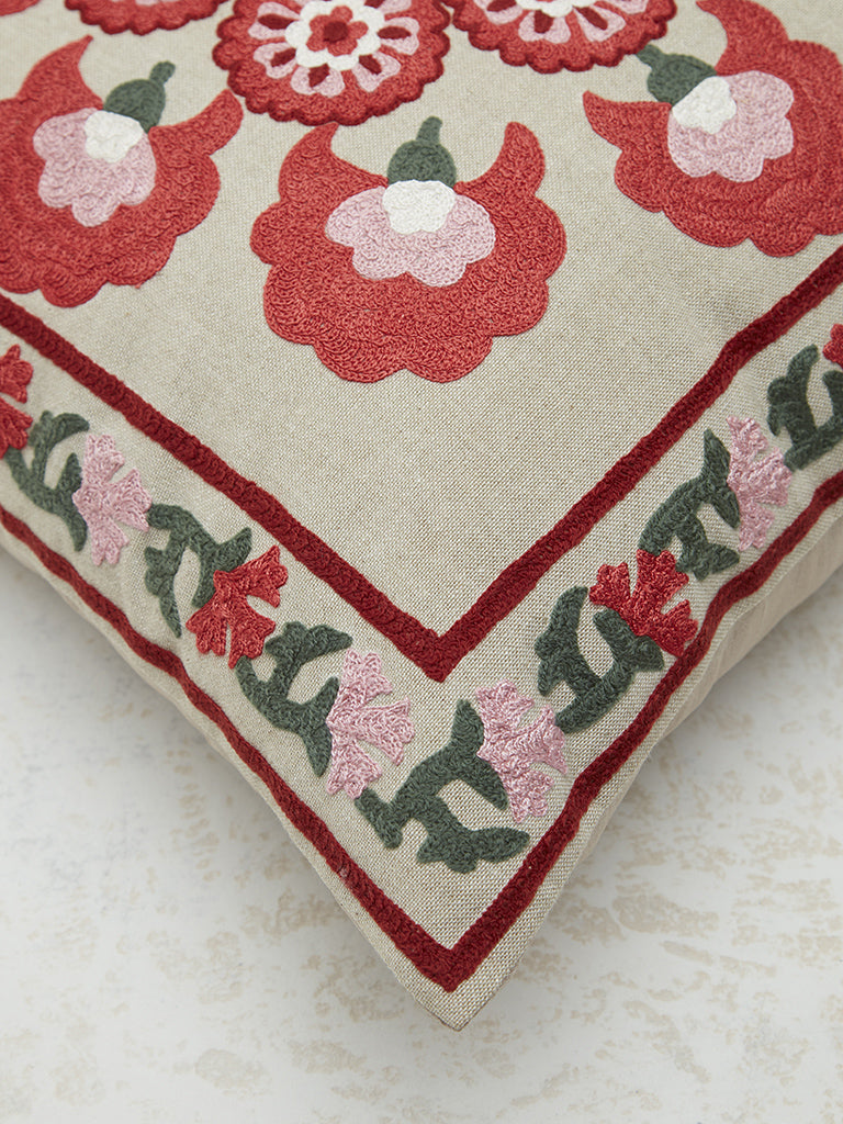 Westside Home Red Sujani Floral Embroidered Cushion Cover - Image 3