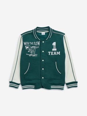 HOP Kids Dark Green Text Design Cotton-Blend Varsity Jacket