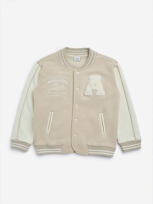 HOP Kids Beige Text Design Cotton-Blend Varsity Jacket