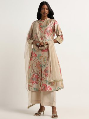 Vark Beige Floral Printed Kurta. Palazzos And Dupatta Set