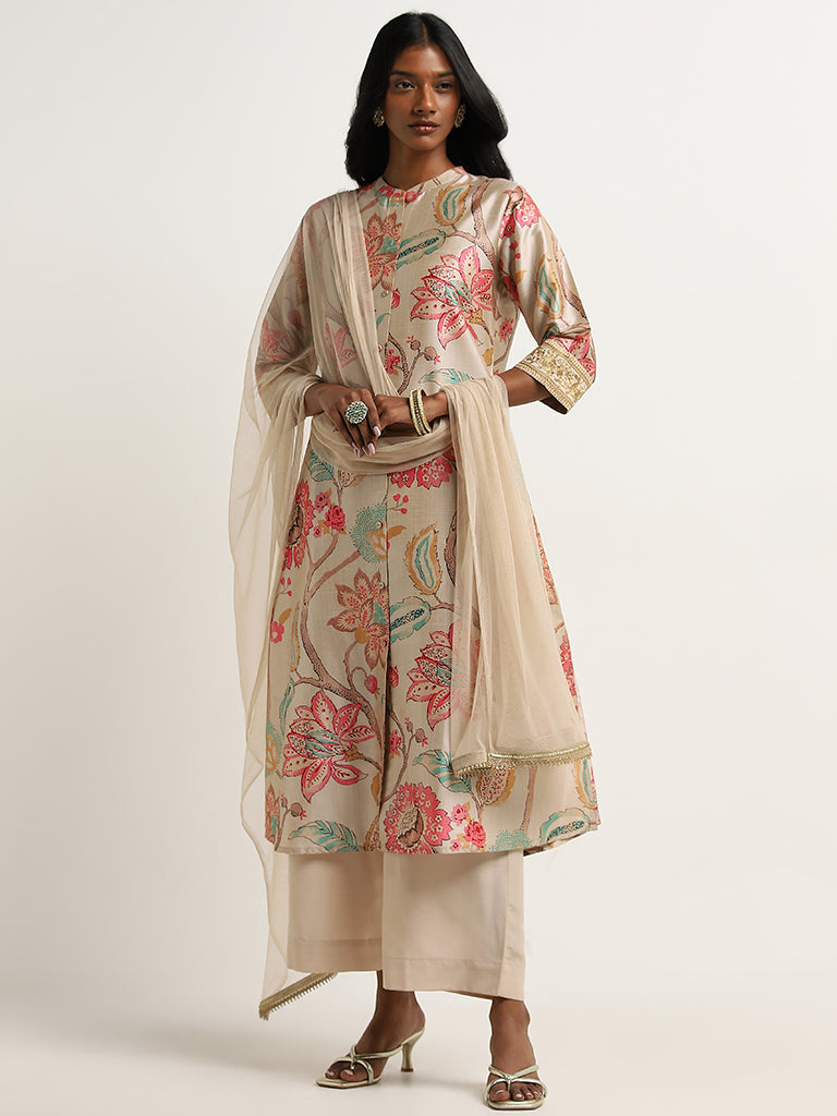 Vark Beige Floral Printed Kurta. Palazzos And Dupatta Set