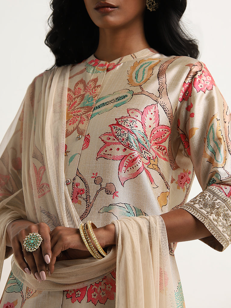 Vark Beige Floral Printed Kurta. Palazzos And Dupatta Set - Image 2