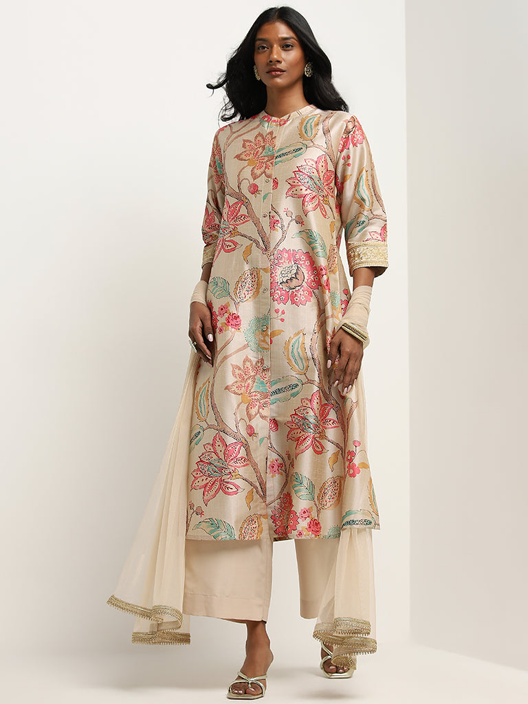 Vark Beige Floral Printed Kurta. Palazzos And Dupatta Set - Image 3