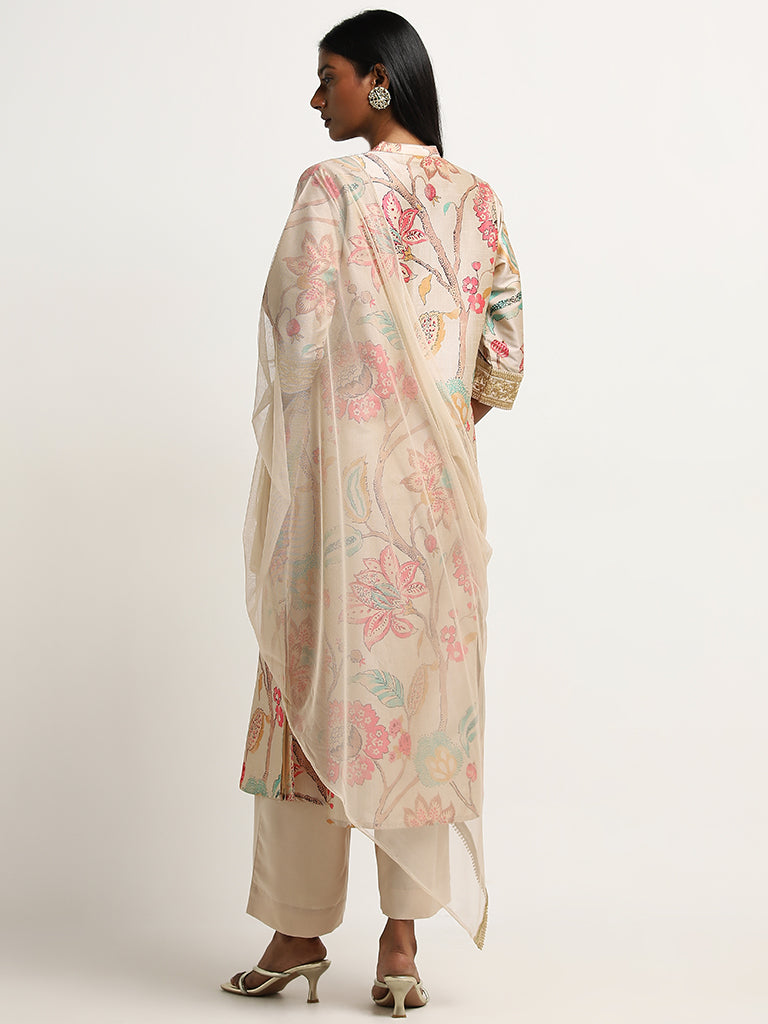Vark Beige Floral Printed Kurta. Palazzos And Dupatta Set - Image 4