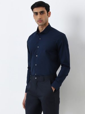 WES Formals Navy Solid Ultra Slim-Fit Cotton-Blend Shirt
