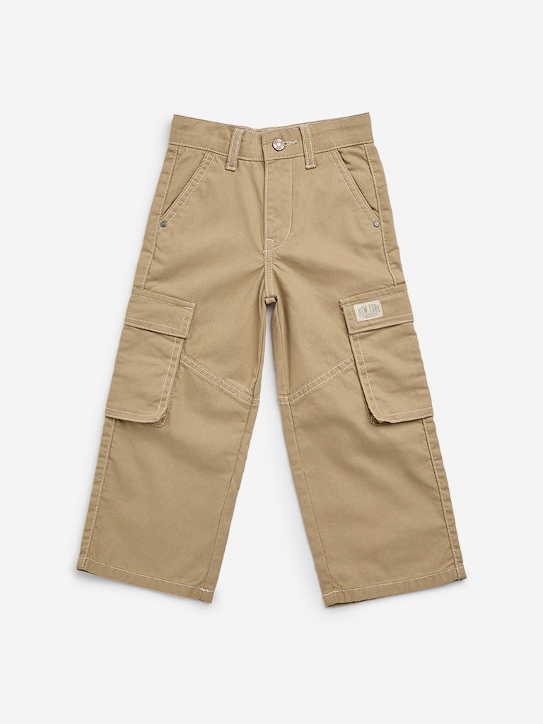 HOP Kids Beige Cargo-Style Mid-Rise Cotton Trousers