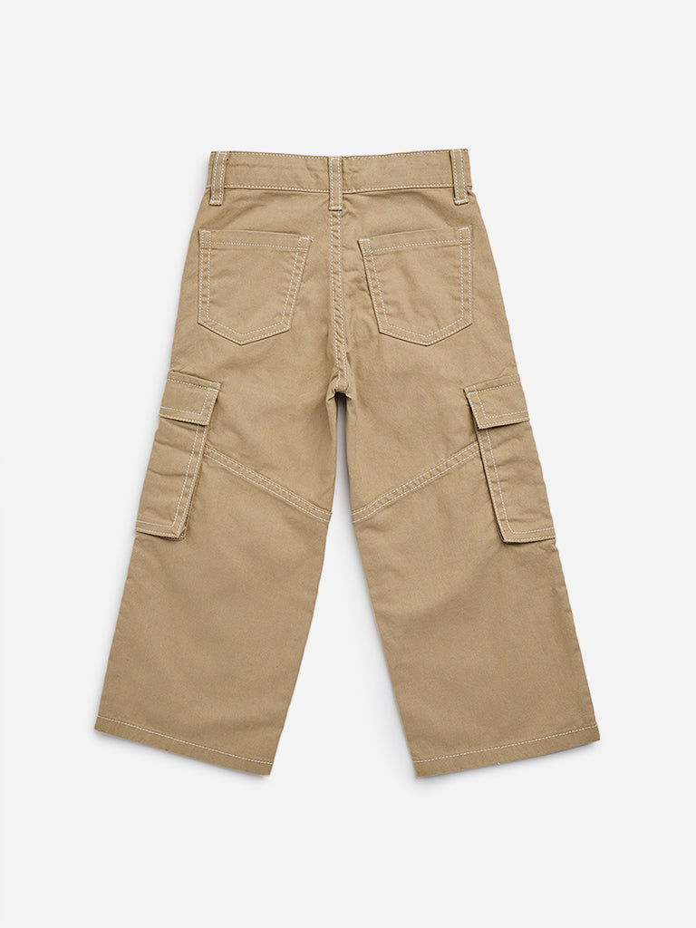 HOP Kids Beige Cargo-Style Mid-Rise Cotton Trousers - Image 3