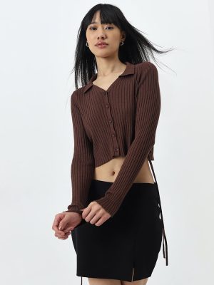 Nuon Dark Brown Ribbed Textured Cotton-Blend Top