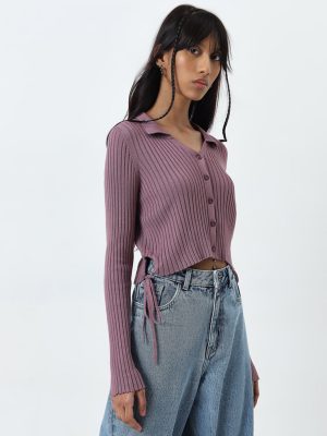 Nuon Mauve Ribbed-Textured Cotton-Blend Top