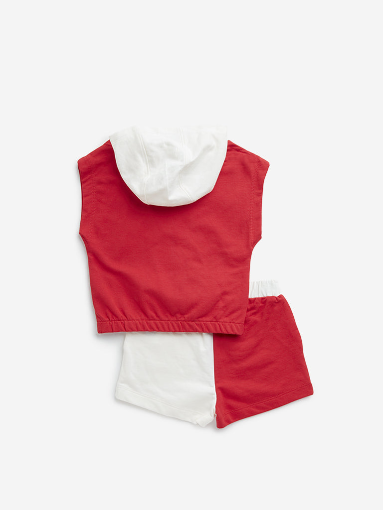 HOP Kids Red Cotton Sweatshirt with Mid-Rise Shorts Set - Image 3