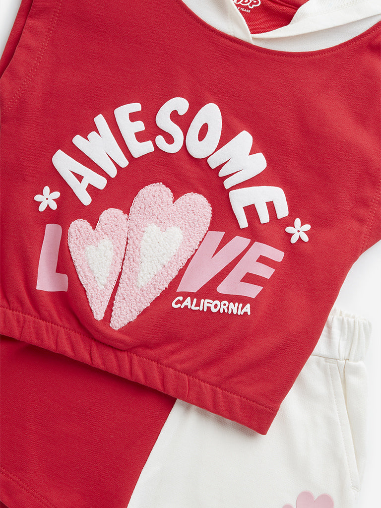 HOP Kids Red Cotton Sweatshirt with Mid-Rise Shorts Set - Image 4