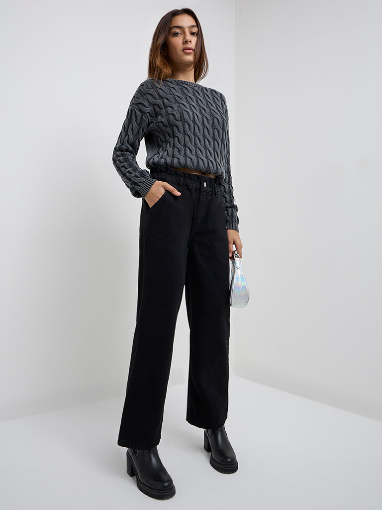 Y&F Kids Black Ruffle-Detailed Straight-Fit High-Rise Jeans