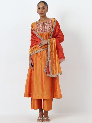 Vark Orange Zari Embroidered Kurta. Pants and Dupatta Set