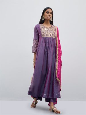 Vark Purple A-Line Kurta. Inner. Palazzos and Dupatta Set