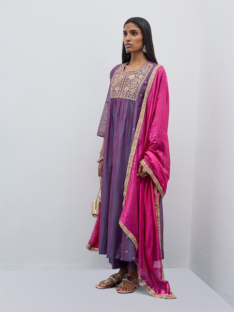 Vark Purple A-Line Kurta. Inner. Palazzos and Dupatta Set - Image 3